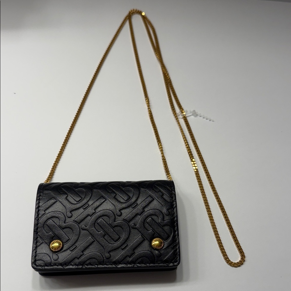 Burberry Black Monogram TB Leather Chain Card Case